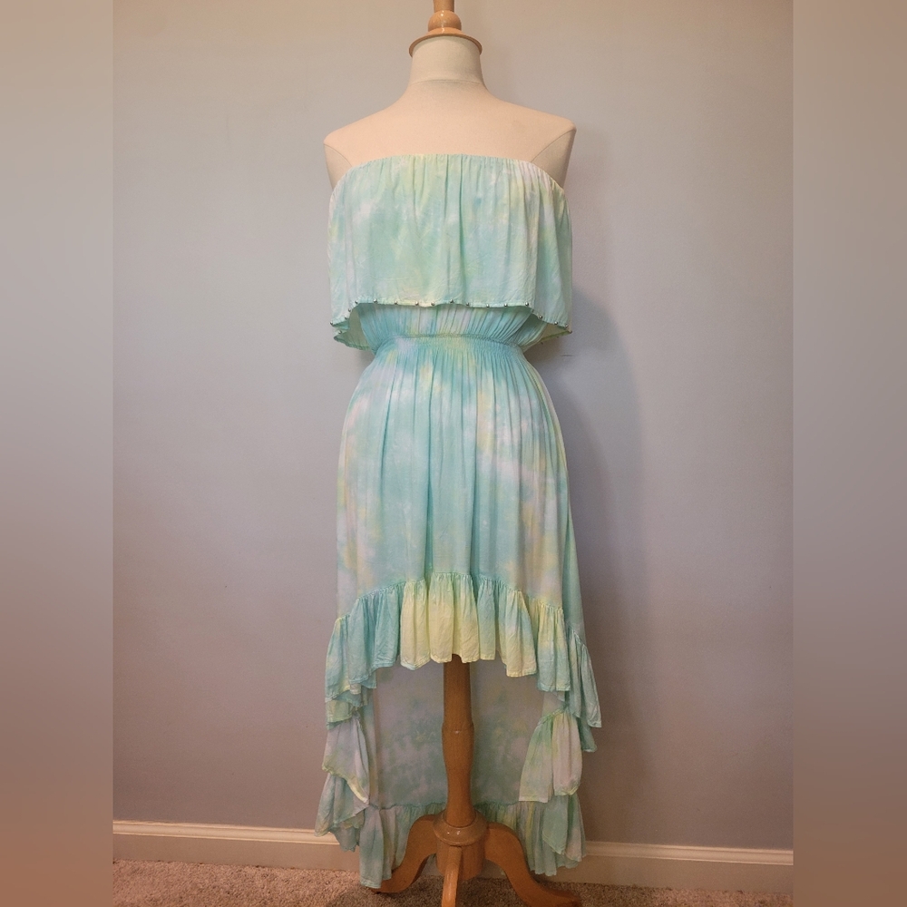 Tiare Hawaii Aqua & Green Tie Dye Strapless High-Low Ruffle Dress OS - Picture 1 of 9